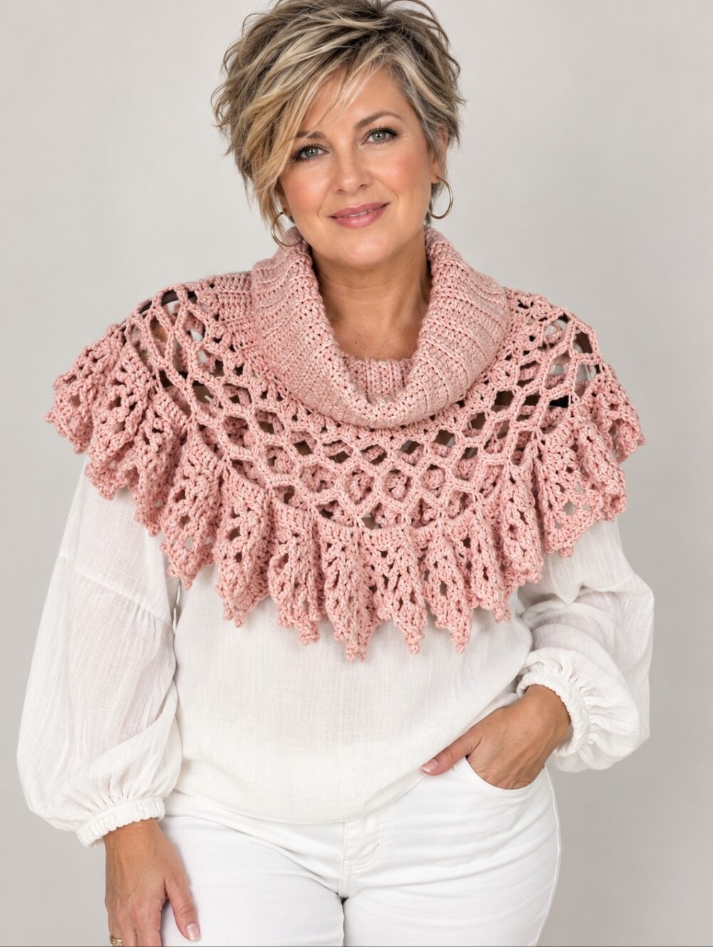 Women's Crochet Mock Neck Sweater Capelet - Pink